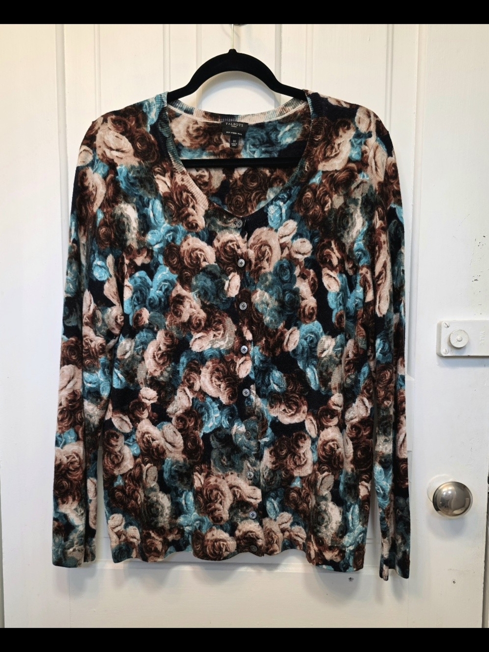 Talbots Women's Merino Wool Button Front Charming Dark Floral Cardigan Size 1X